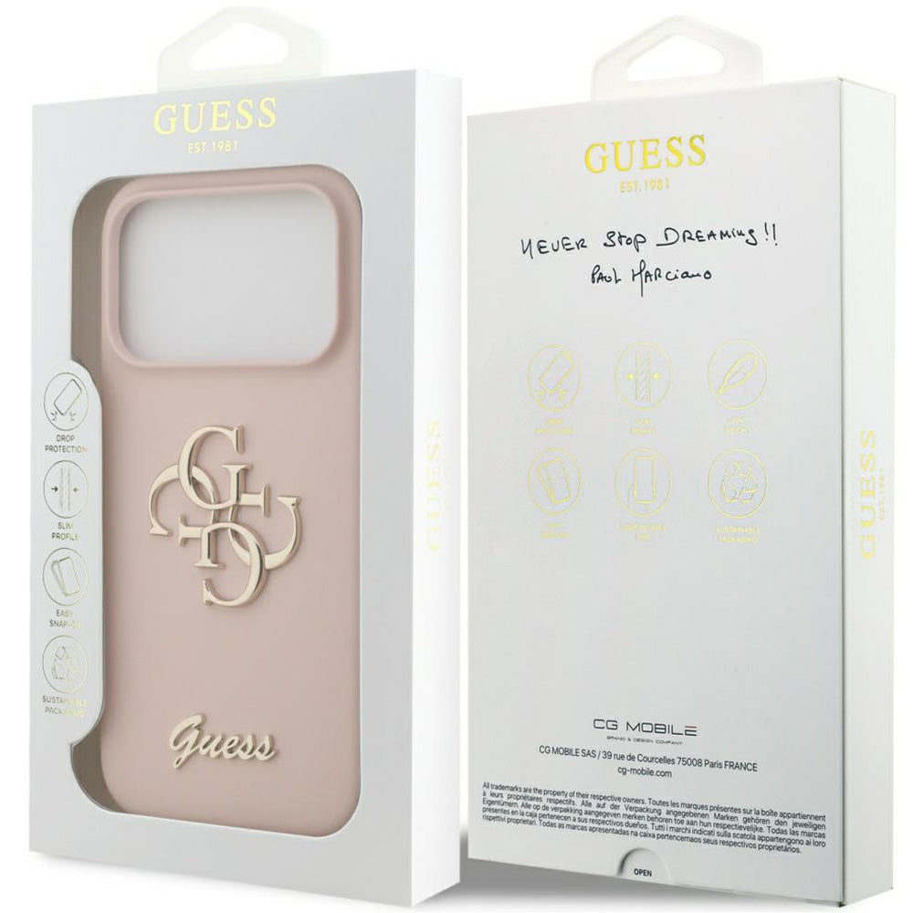 Handyhülle für iPhone 17 Pro, Guess Hardcase Silicone Big 4G Script, Hellrosa