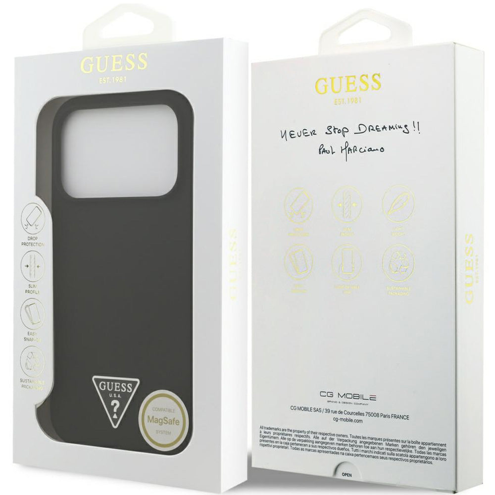 Handyhülle für iPhone 17 Pro Max, Guess Hardcase Silicone Triangle Logo mit MagSafe, Schwarz