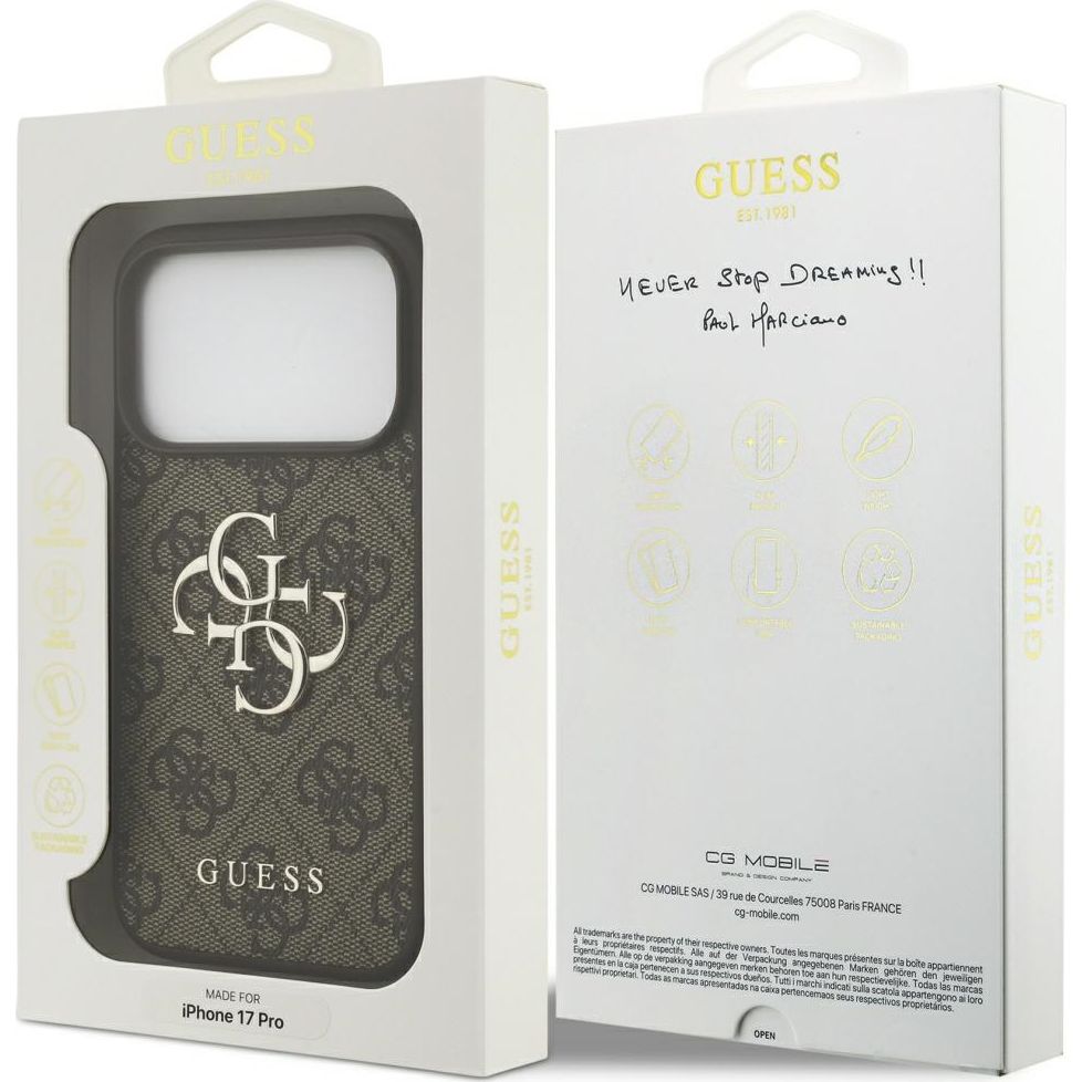 Handyhülle für iPhone 17 Pro, Guess Hardcase 4G Big Metal Logo, Braun
