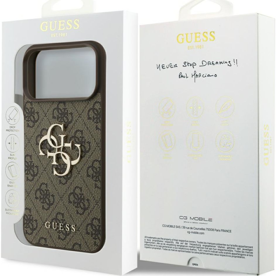 Handyhülle für iPhone 17 Pro Max, Guess Hardcase 4G Big Metal Logo, Braun