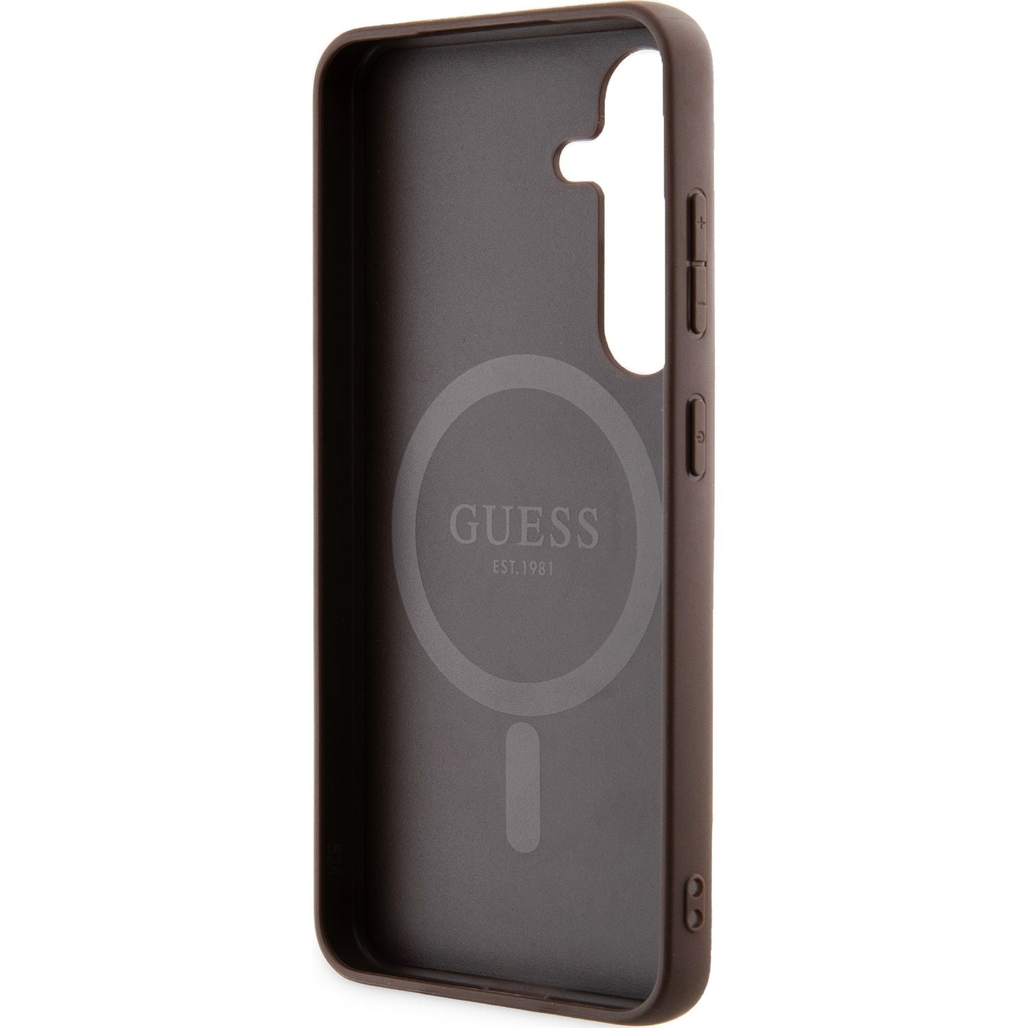 Schutzhülle für Galaxy S24, Guess Hardcase 4G Leather Metal Logo MagSafe, Braun