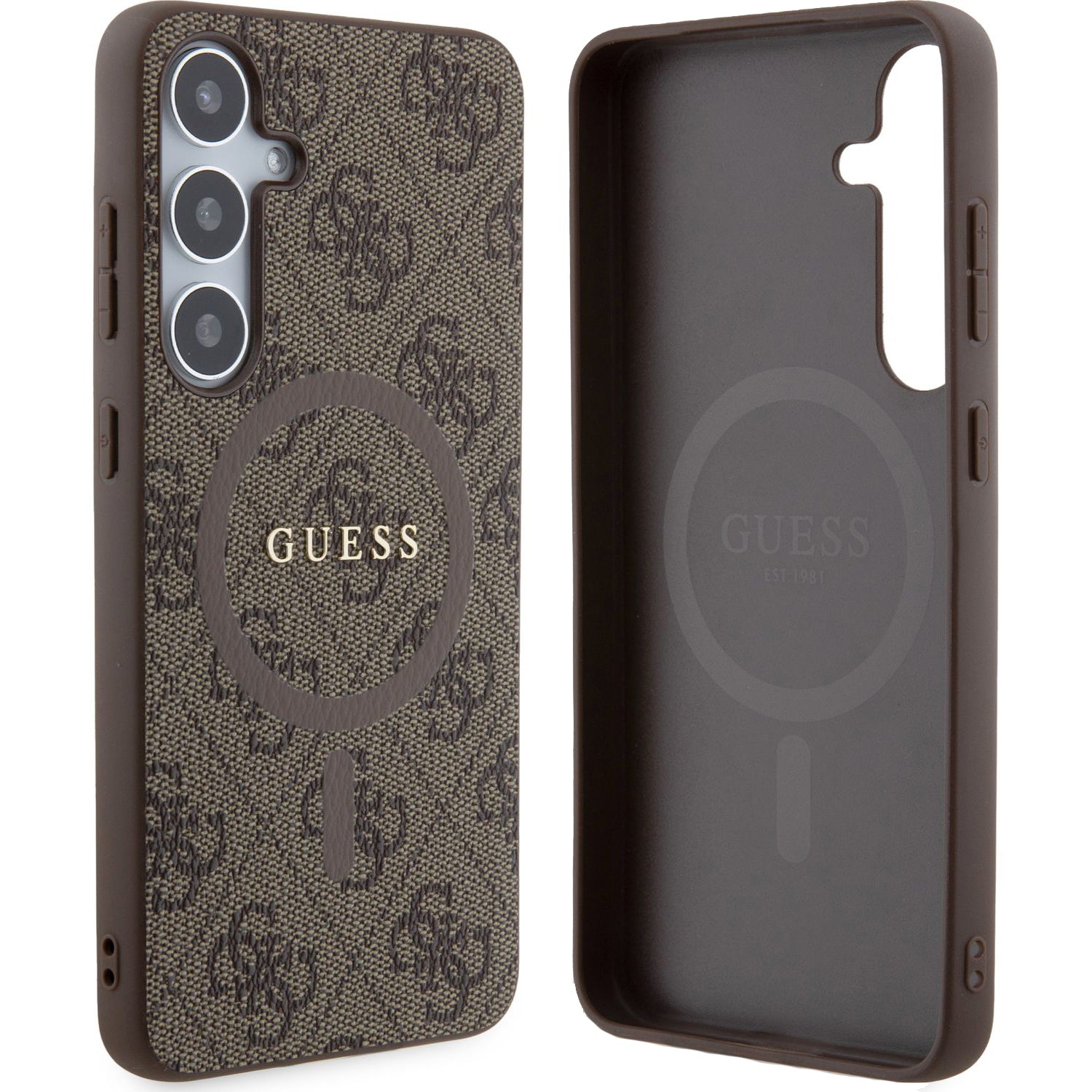 Schutzhülle für Galaxy S24 Plus, Guess Hardcase 4G Leather Metal Logo MagSafe, Braun