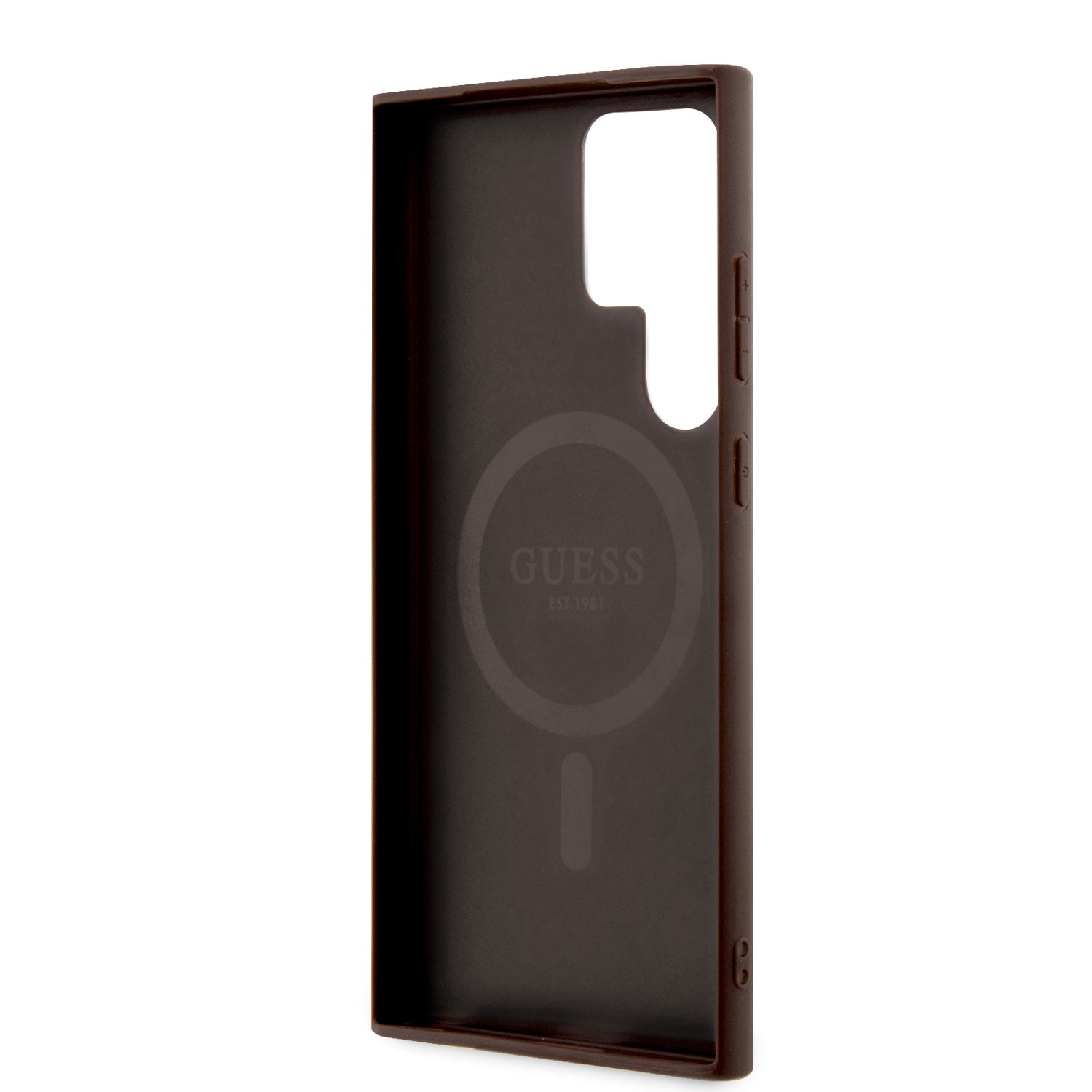 Schutzhülle für Galaxy S24 Ultra, Guess Hardcase 4G Leather Metal Logo MagSafe, Braun