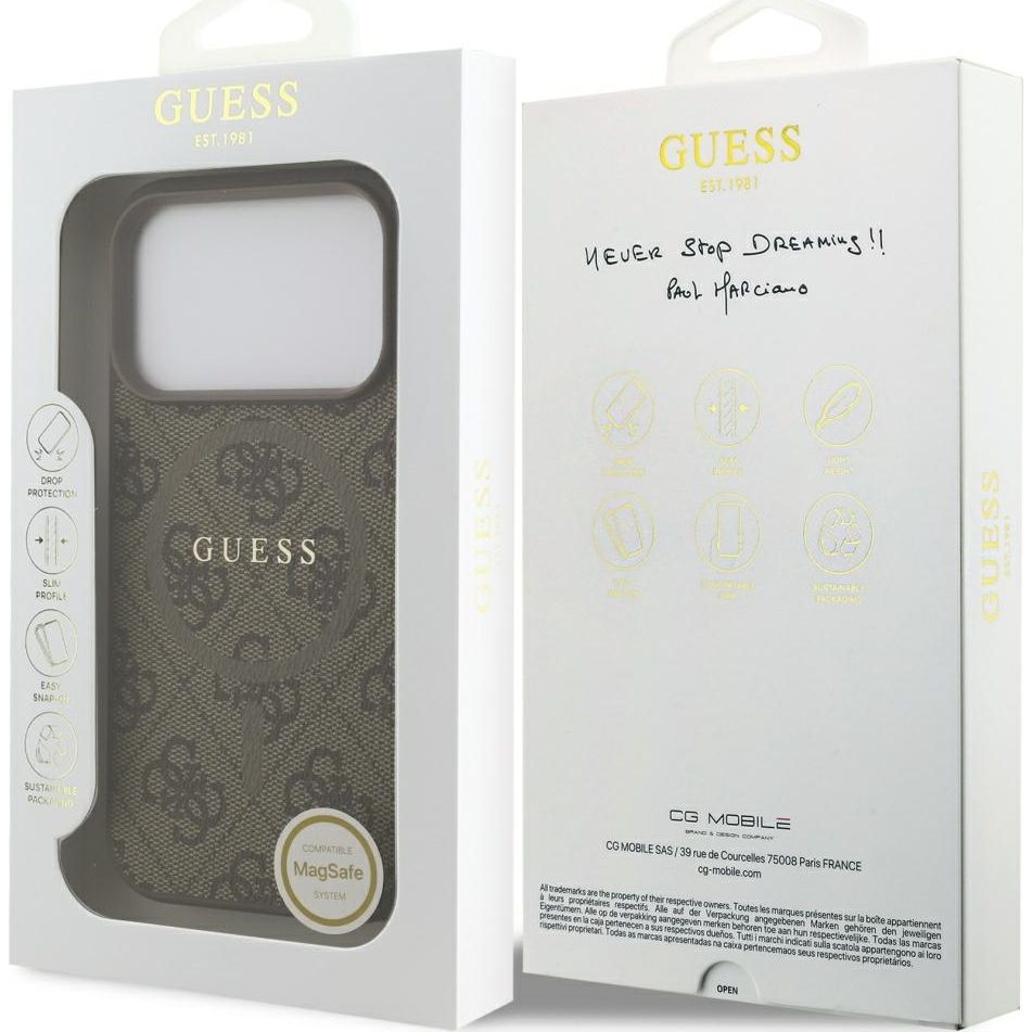 Handyhülle für iPhone 17 Pro, Guess Hardcase 4G Ring Classic Logo mit MagSafe, Braun