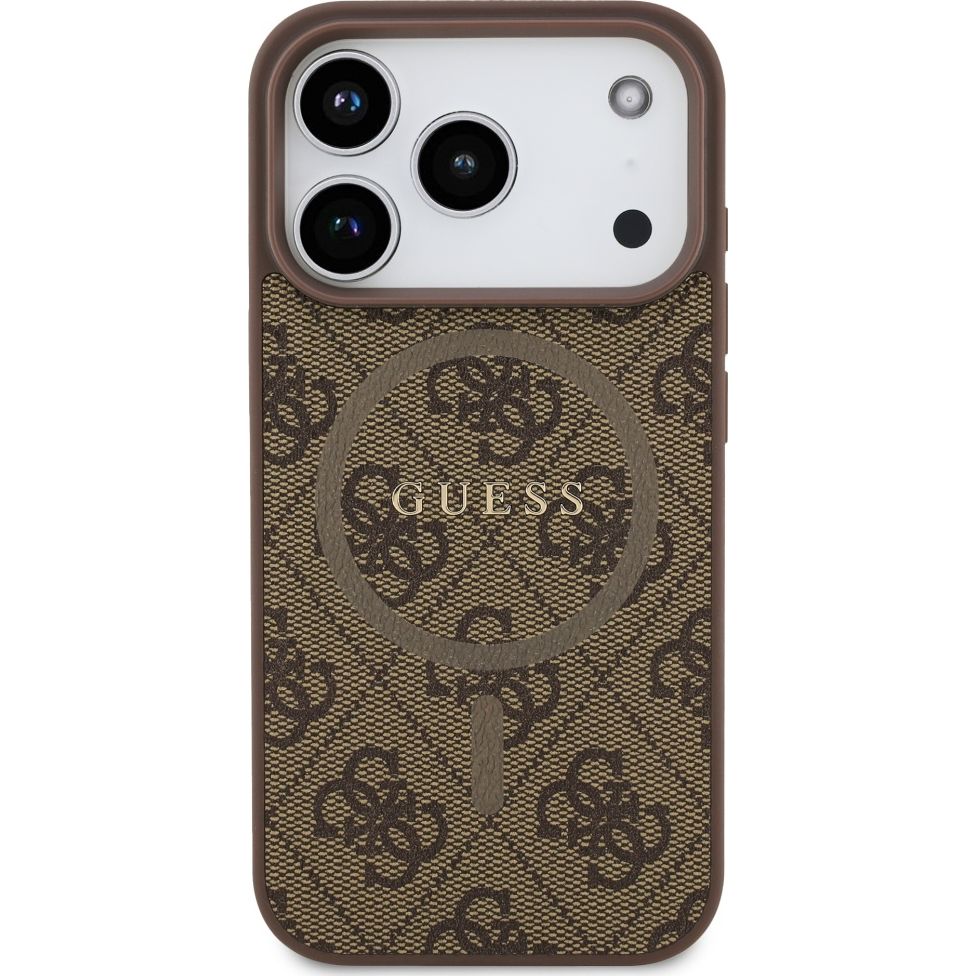 Handyhülle für iPhone 17 Pro, Guess Hardcase 4G Ring Classic Logo mit MagSafe, Braun