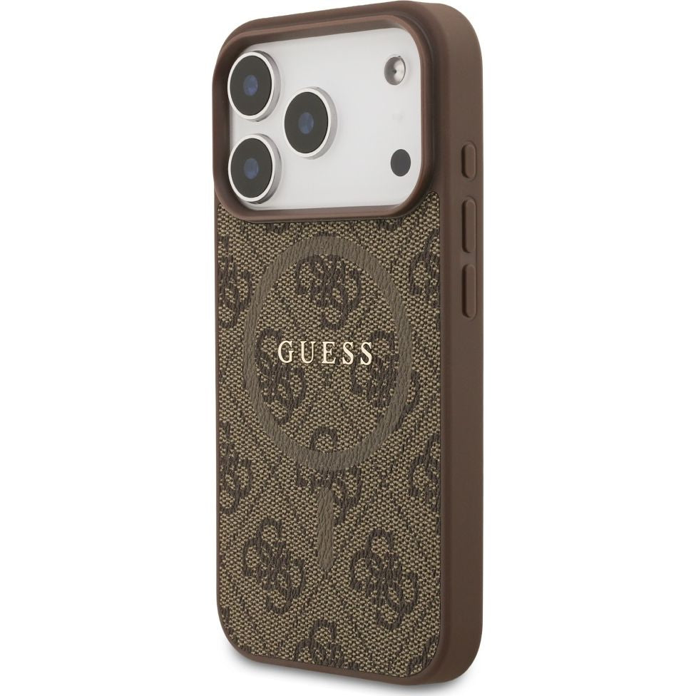 Handyhülle für iPhone 17 Pro, Guess Hardcase 4G Ring Classic Logo mit MagSafe, Braun