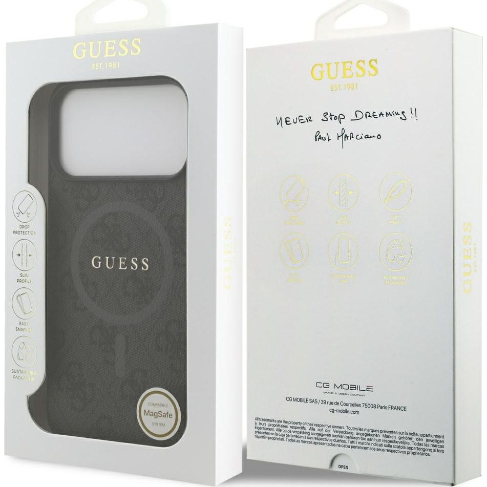 Handyhülle für iPhone 17 Pro Max, Guess Hardcase 4G Ring Classic Logo mit MagSafe, Schwarz