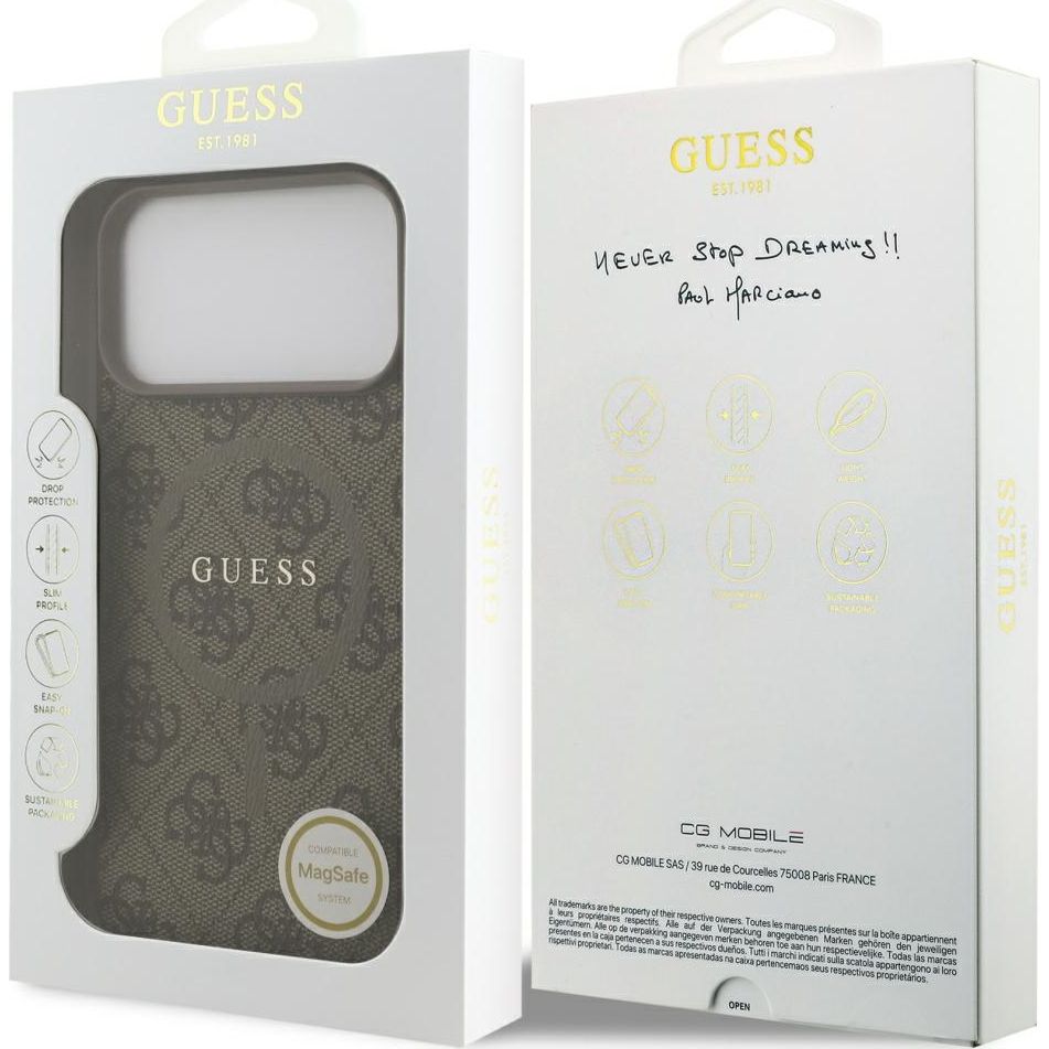 Handyhülle für iPhone 17 Pro Max, Guess Hardcase 4G Ring Classic Logo mit MagSafe, Braun