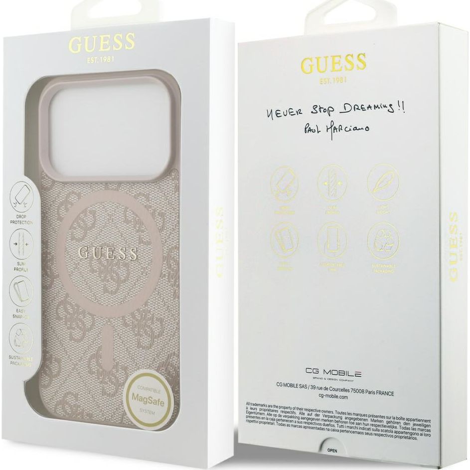 Handyhülle für iPhone 17 Pro, Guess Hardcase 4G Ring Classic Logo mit MagSafe, Rosa