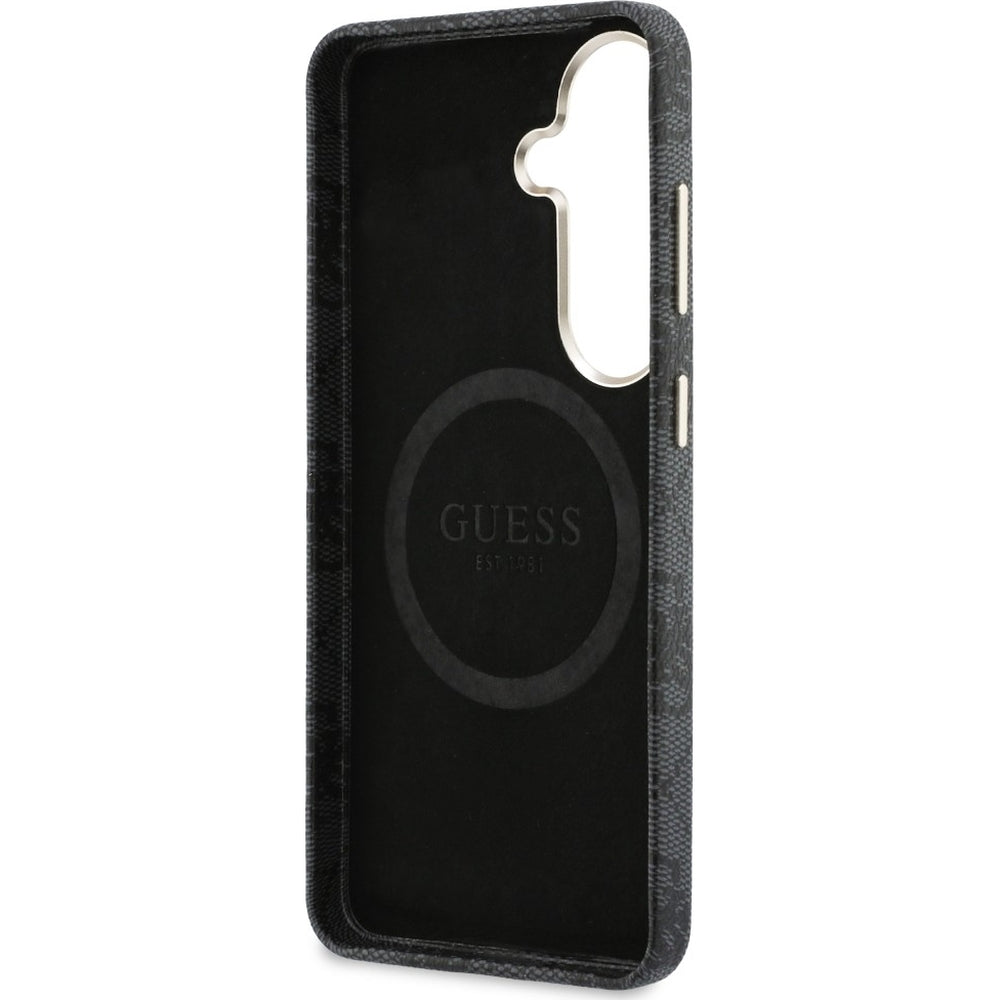 Handyhülle für Galaxy S26 Plus, Guess Saffiano Logo MagSafe, Schwarz mit Muster Rhinestone Round
