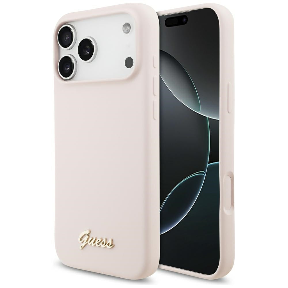 Handyhülle für iPhone 18 Pro Max / 17 Pro Max, Guess Silicone Script Metal Logo mit MagSafe, Rosa