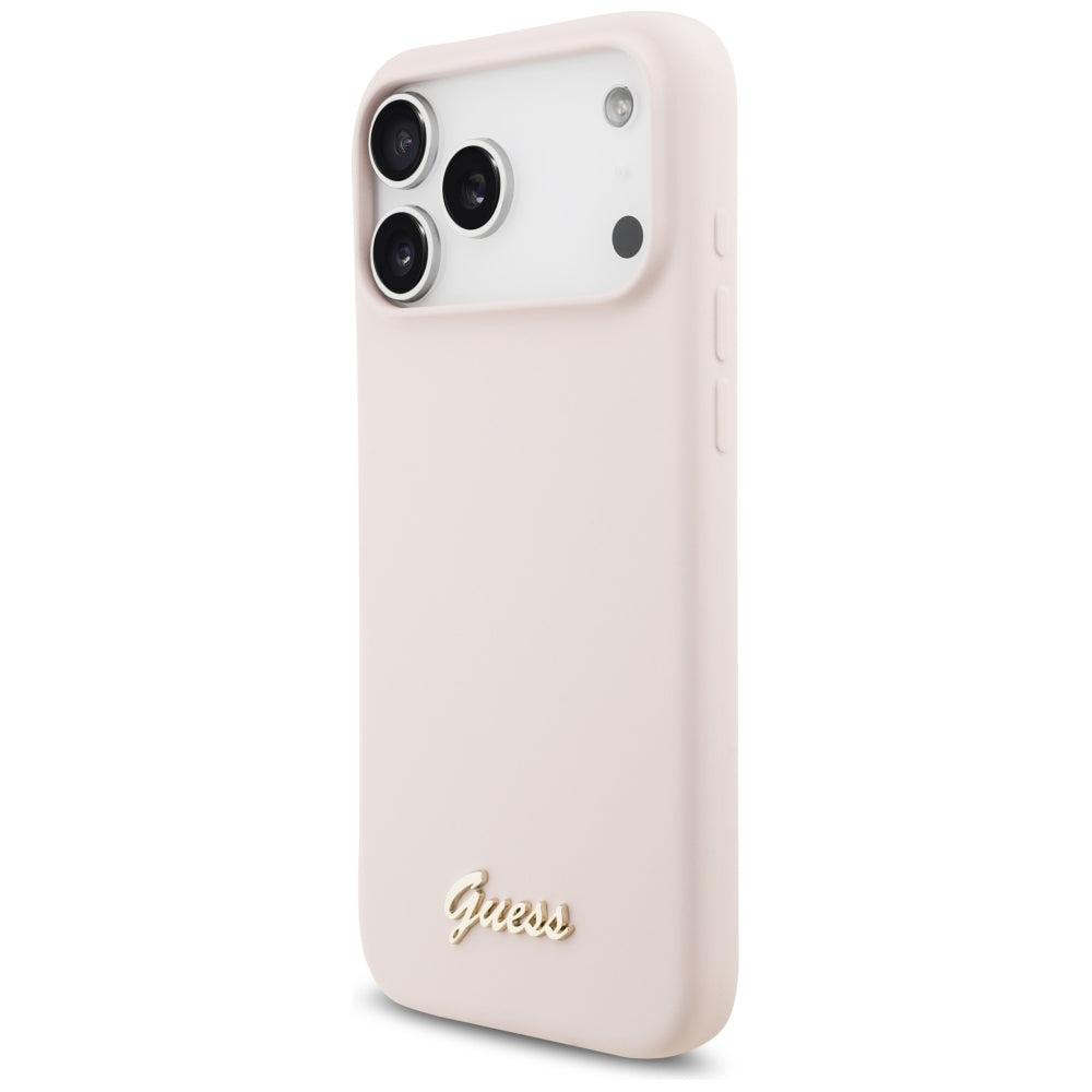Handyhülle für iPhone 18 Pro Max / 17 Pro Max, Guess Silicone Script Metal Logo mit MagSafe, Rosa