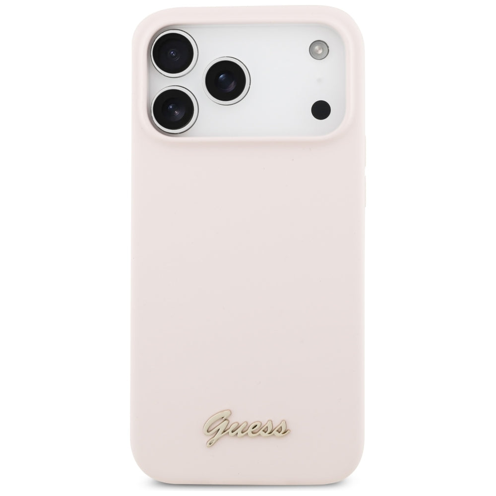 Handyhülle für iPhone 18 Pro Max / 17 Pro Max, Guess Silicone Script Metal Logo mit MagSafe, Rosa