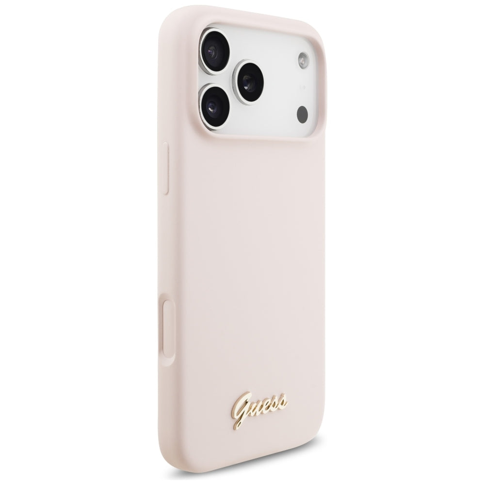Handyhülle für iPhone 18 Pro Max / 17 Pro Max, Guess Silicone Script Metal Logo mit MagSafe, Rosa