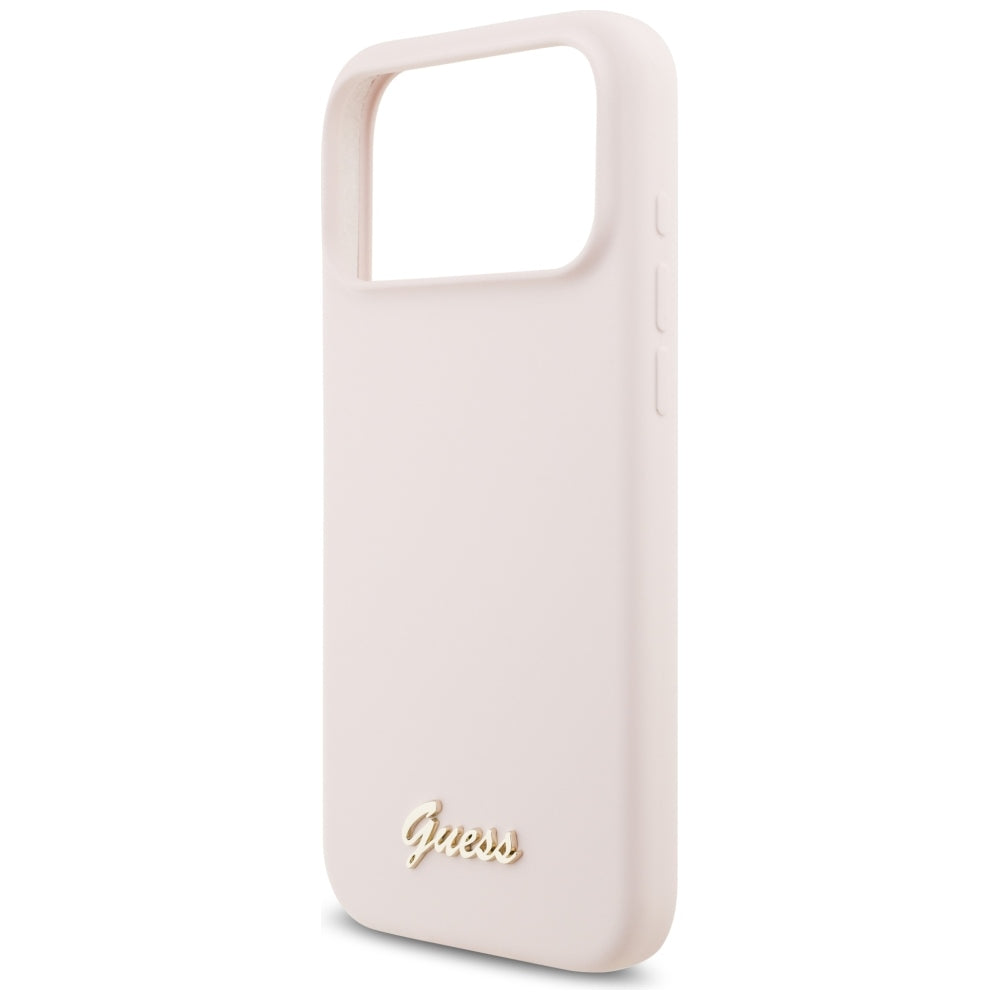 Handyhülle für iPhone 18 Pro Max / 17 Pro Max, Guess Silicone Script Metal Logo mit MagSafe, Rosa