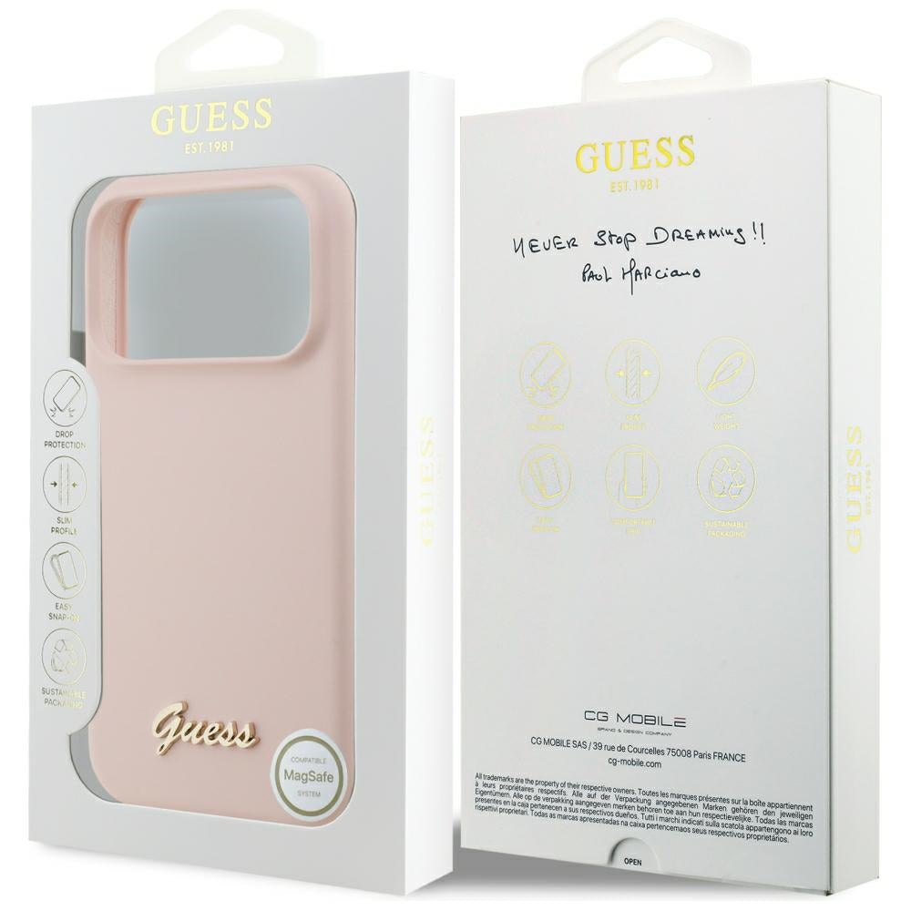 Handyhülle für iPhone 18 Pro Max / 17 Pro Max, Guess Silicone Script Metal Logo mit MagSafe, Rosa