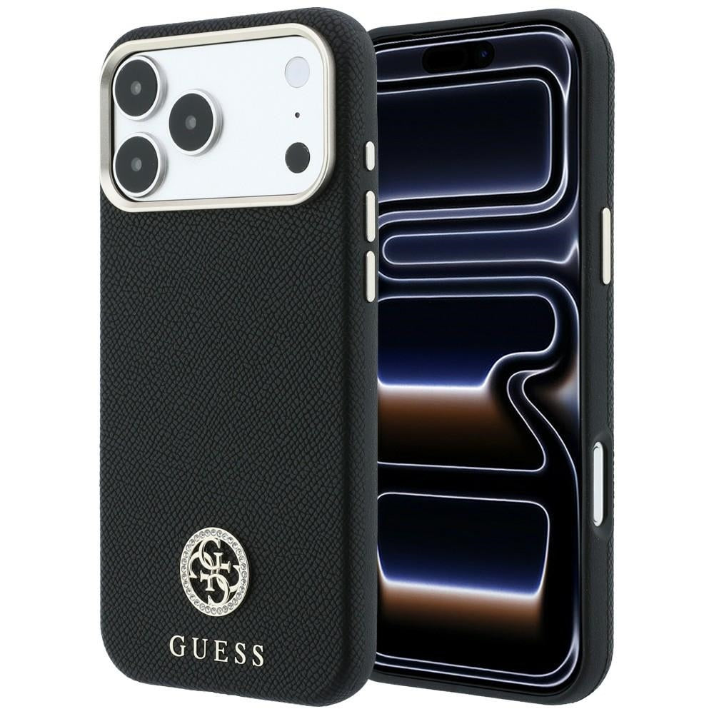 Handyhülle für iPhone 18 Pro Max / 17 Pro Max, Guess Grained Round Strass Logo mit MagSafe, Schwarz