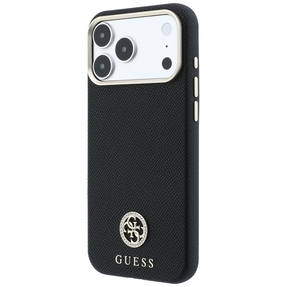 Handyhülle für iPhone 18 Pro Max / 17 Pro Max, Guess Grained Round Strass Logo mit MagSafe, Schwarz