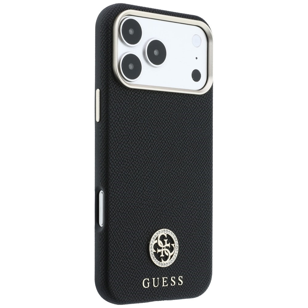 Handyhülle für iPhone 18 Pro Max / 17 Pro Max, Guess Grained Round Strass Logo mit MagSafe, Schwarz