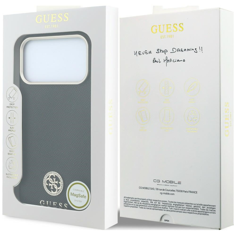 Handyhülle für iPhone 18 Pro Max / 17 Pro Max, Guess Grained Round Strass Logo mit MagSafe, Schwarz