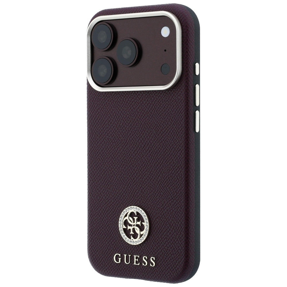Handyhülle für iPhone 18 Pro Max / 17 Pro Max, Guess Grained Round Strass Logo mit MagSafe, Burgunderrot