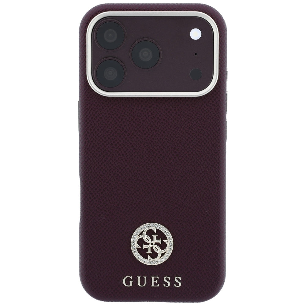 Handyhülle für iPhone 18 Pro Max / 17 Pro Max, Guess Grained Round Strass Logo mit MagSafe, Burgunderrot