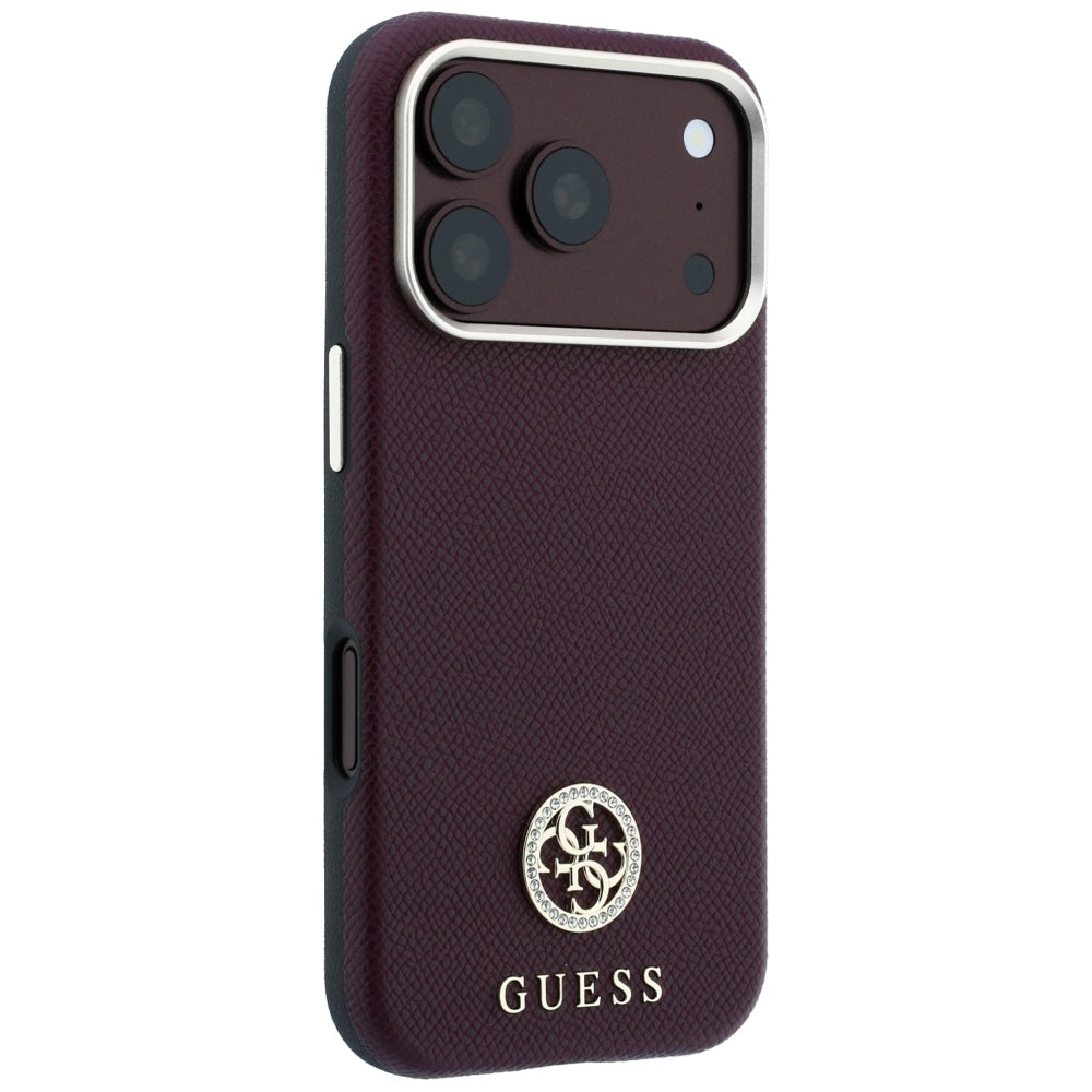 Handyhülle für iPhone 18 Pro Max / 17 Pro Max, Guess Grained Round Strass Logo mit MagSafe, Burgunderrot