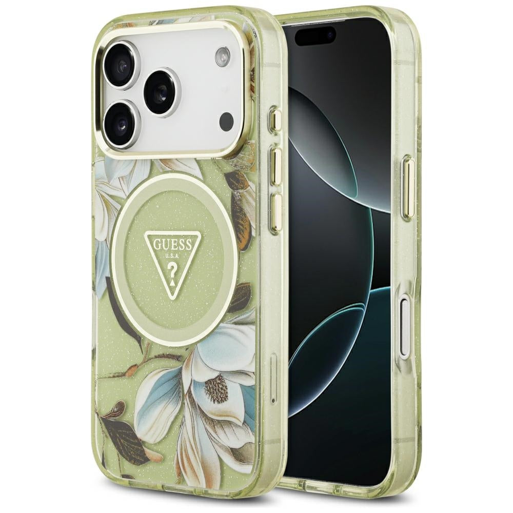 Handyhülle Guess IML Glitter Flowers Triangle für iPhone 18 Pro / 17 Pro mit MagSafe, Grün