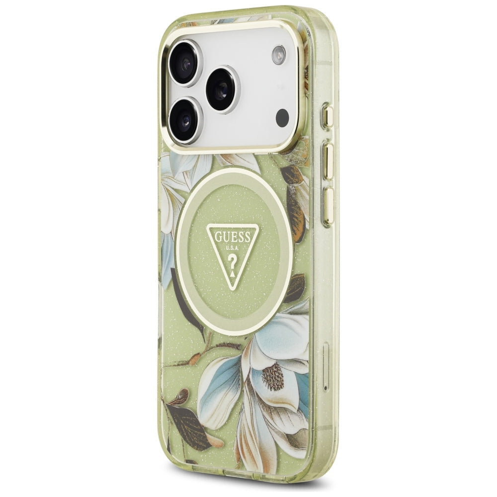 Handyhülle Guess IML Glitter Flowers Triangle für iPhone 18 Pro / 17 Pro mit MagSafe, Grün