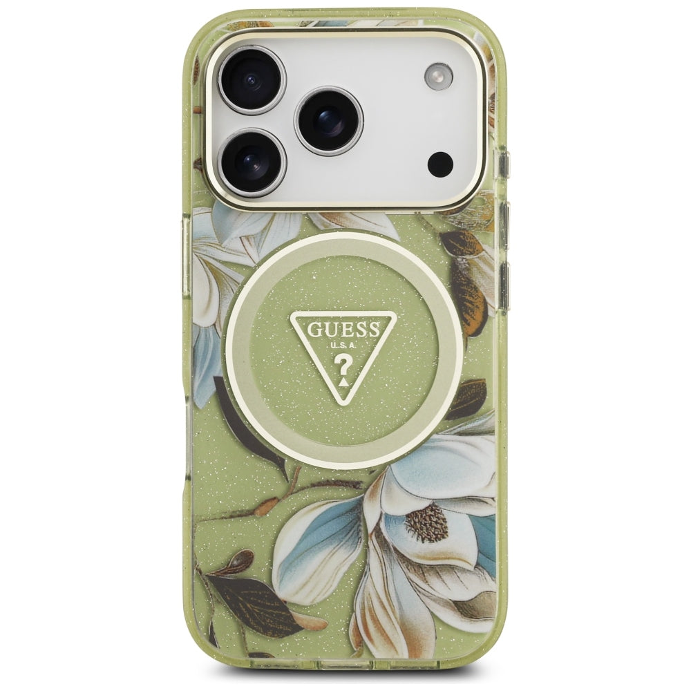 Handyhülle Guess IML Glitter Flowers Triangle für iPhone 18 Pro / 17 Pro mit MagSafe, Grün