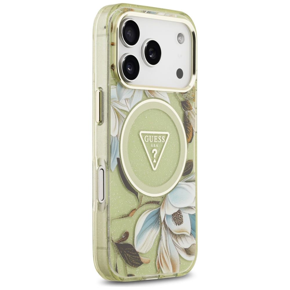 Handyhülle Guess IML Glitter Flowers Triangle für iPhone 18 Pro / 17 Pro mit MagSafe, Grün