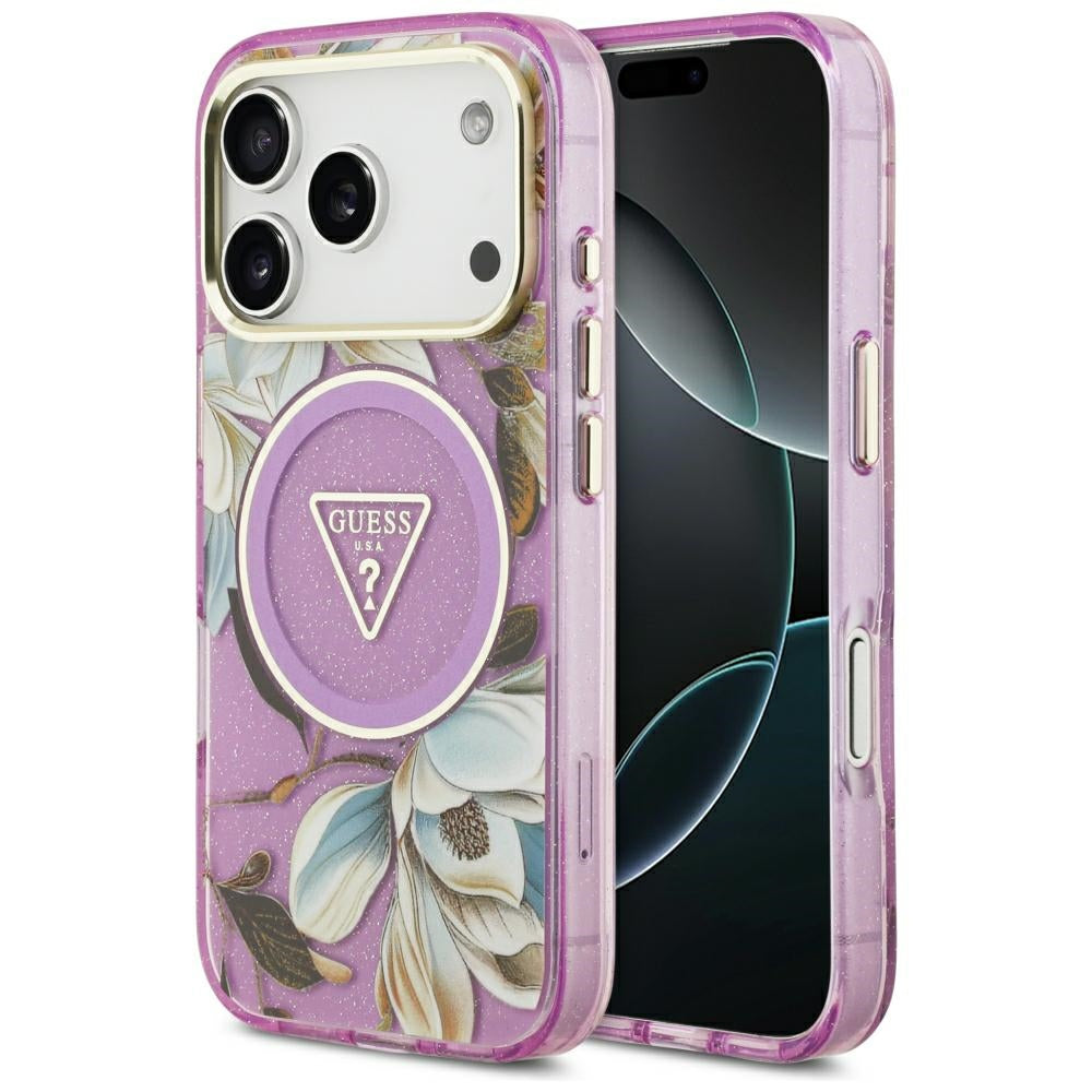 Handyhülle Guess IML Glitter Flowers Triangle für iPhone 18 Pro / 17 Pro mit MagSafe, Violett