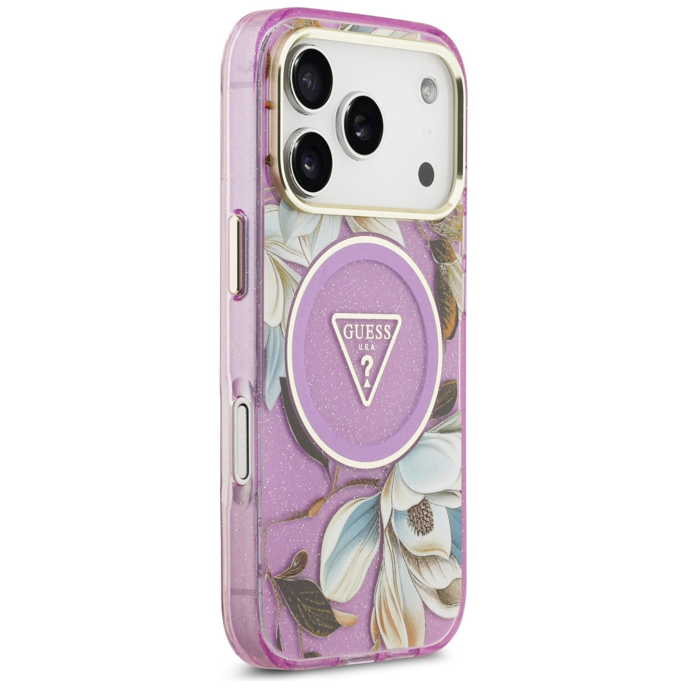 Handyhülle Guess IML Glitter Flowers Triangle für iPhone 18 Pro / 17 Pro mit MagSafe, Violett