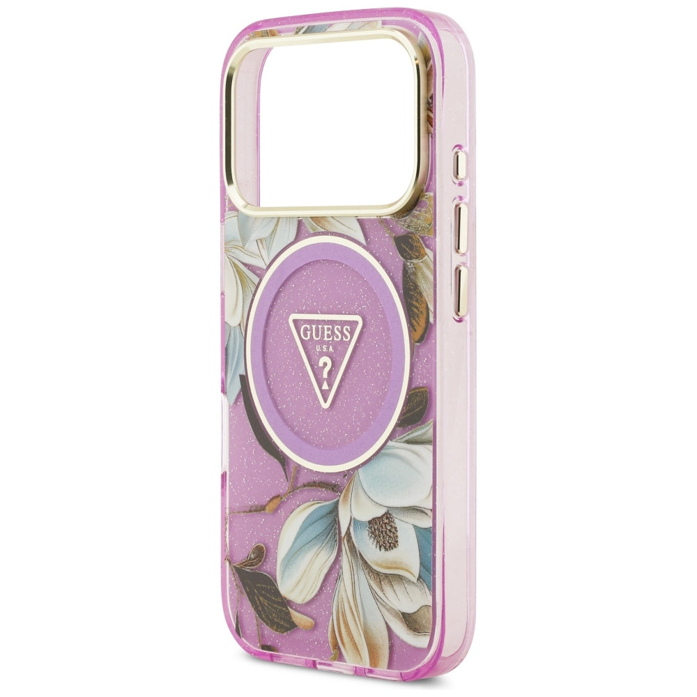 Handyhülle Guess IML Glitter Flowers Triangle für iPhone 18 Pro / 17 Pro mit MagSafe, Violett