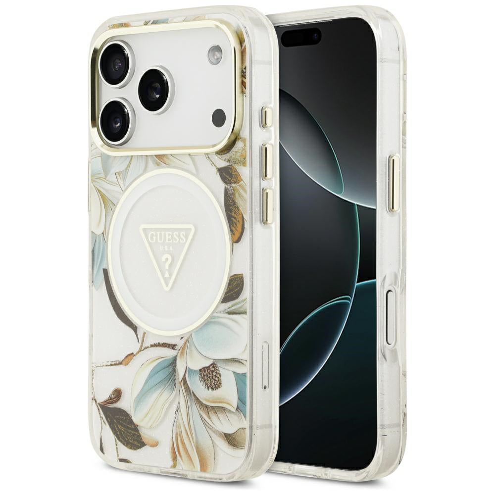 Handyhülle Guess IML Glitter Flowers Triangle für iPhone 18 Pro / 17 Pro mit MagSafe, Weiß