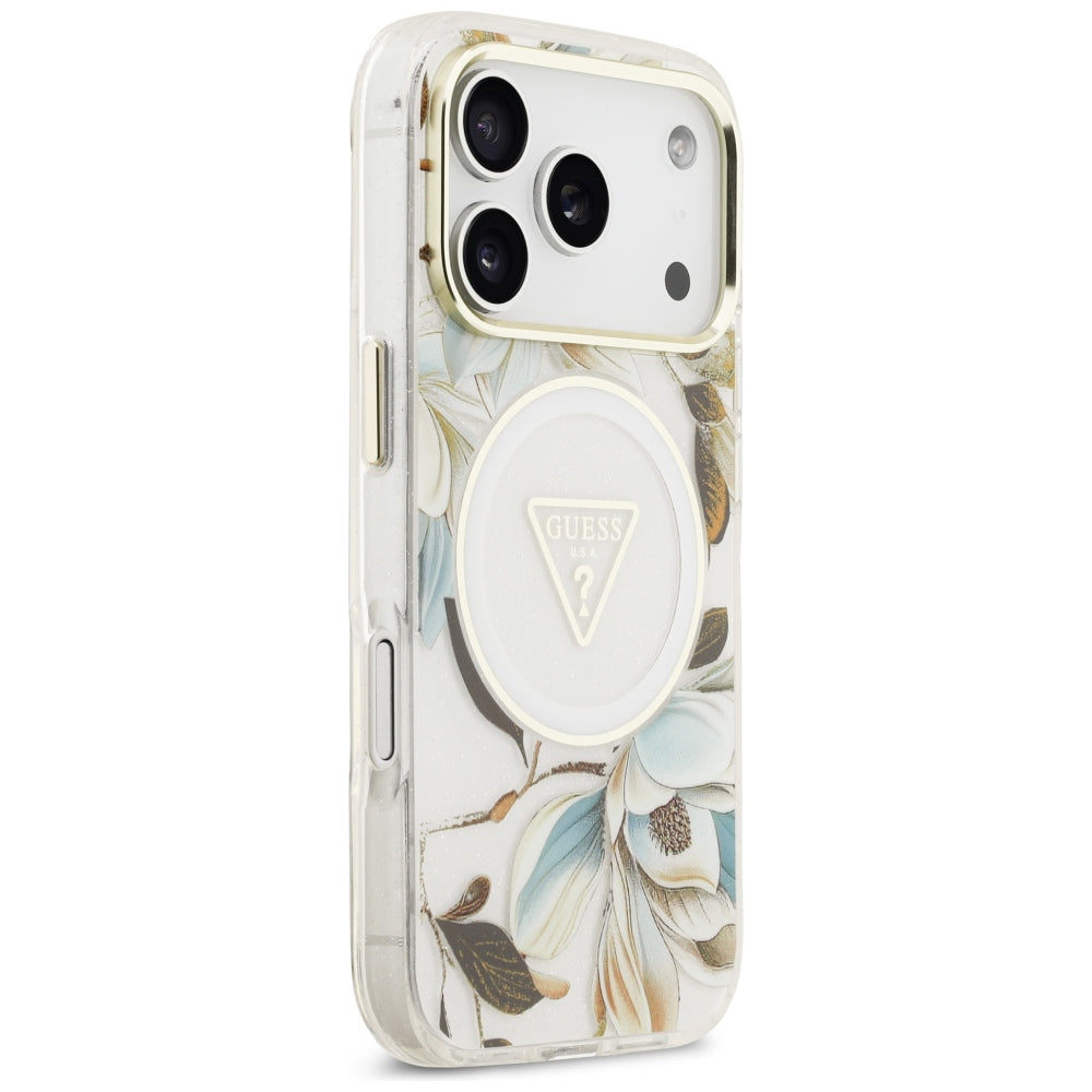 Handyhülle Guess IML Glitter Flowers Triangle für iPhone 18 Pro / 17 Pro mit MagSafe, Weiß