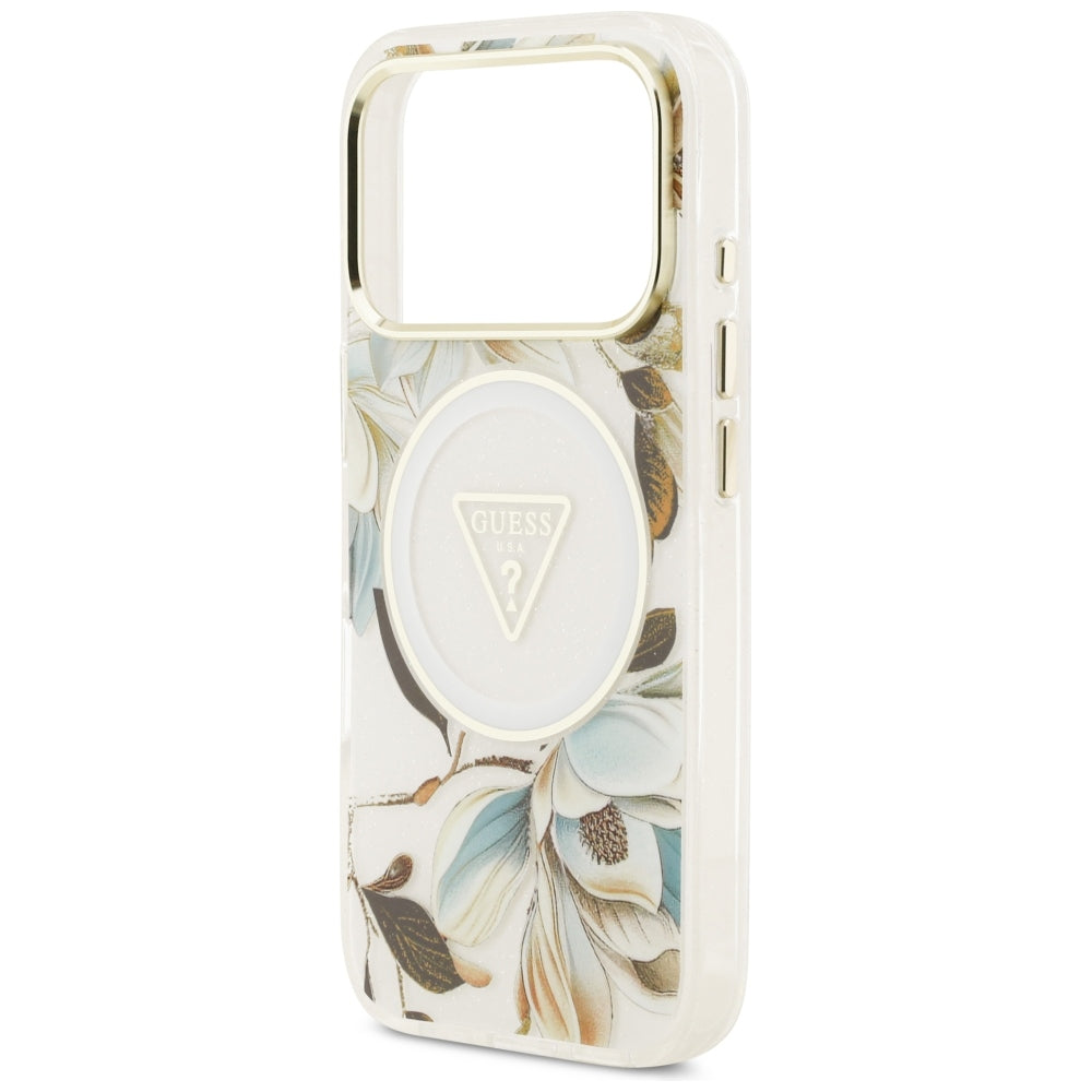 Handyhülle Guess IML Glitter Flowers Triangle für iPhone 18 Pro / 17 Pro mit MagSafe, Weiß