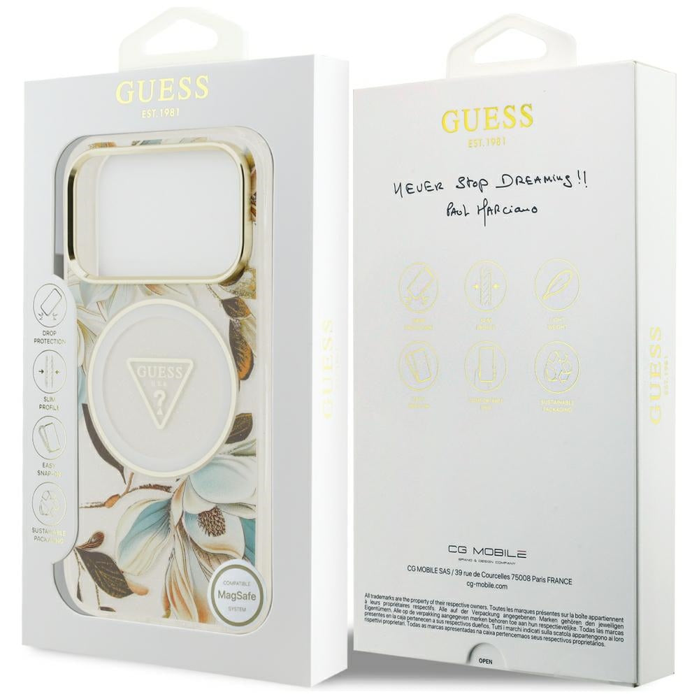 Handyhülle Guess IML Glitter Flowers Triangle für iPhone 18 Pro / 17 Pro mit MagSafe, Weiß