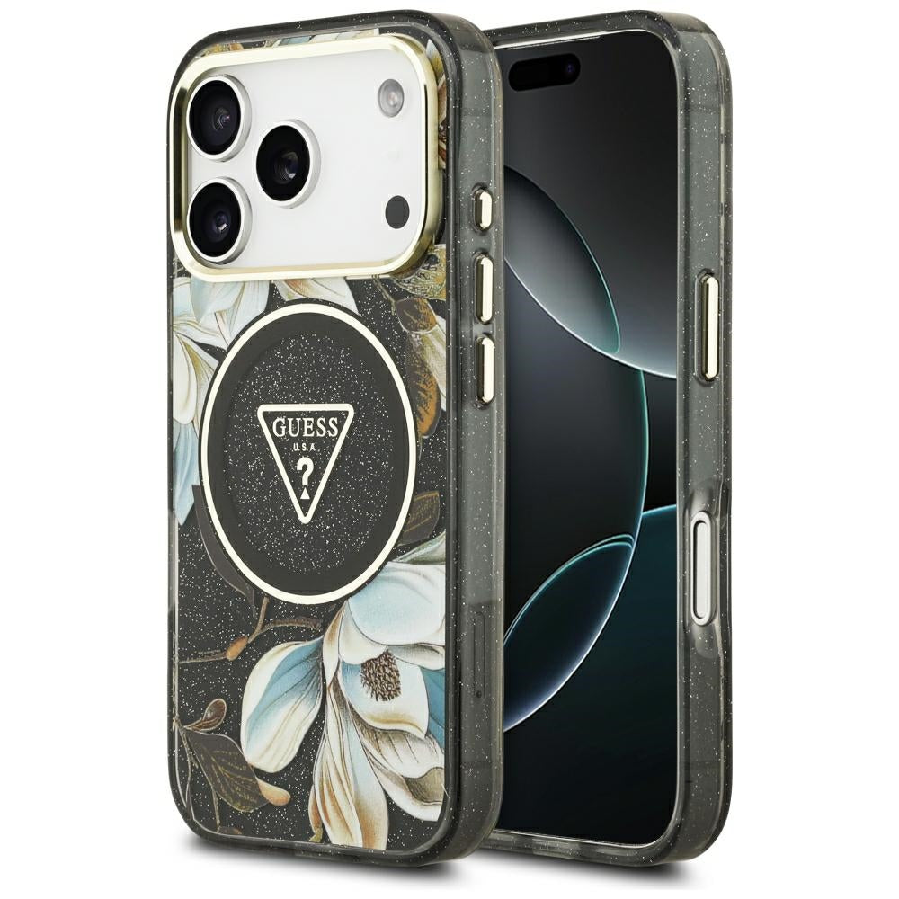 Handyhülle Guess IML Glitter Flowers Triangle für iPhone 18 Pro / 17 Pro mit MagSafe, Schwarz