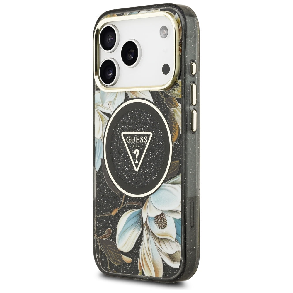 Handyhülle Guess IML Glitter Flowers Triangle für iPhone 18 Pro / 17 Pro mit MagSafe, Schwarz