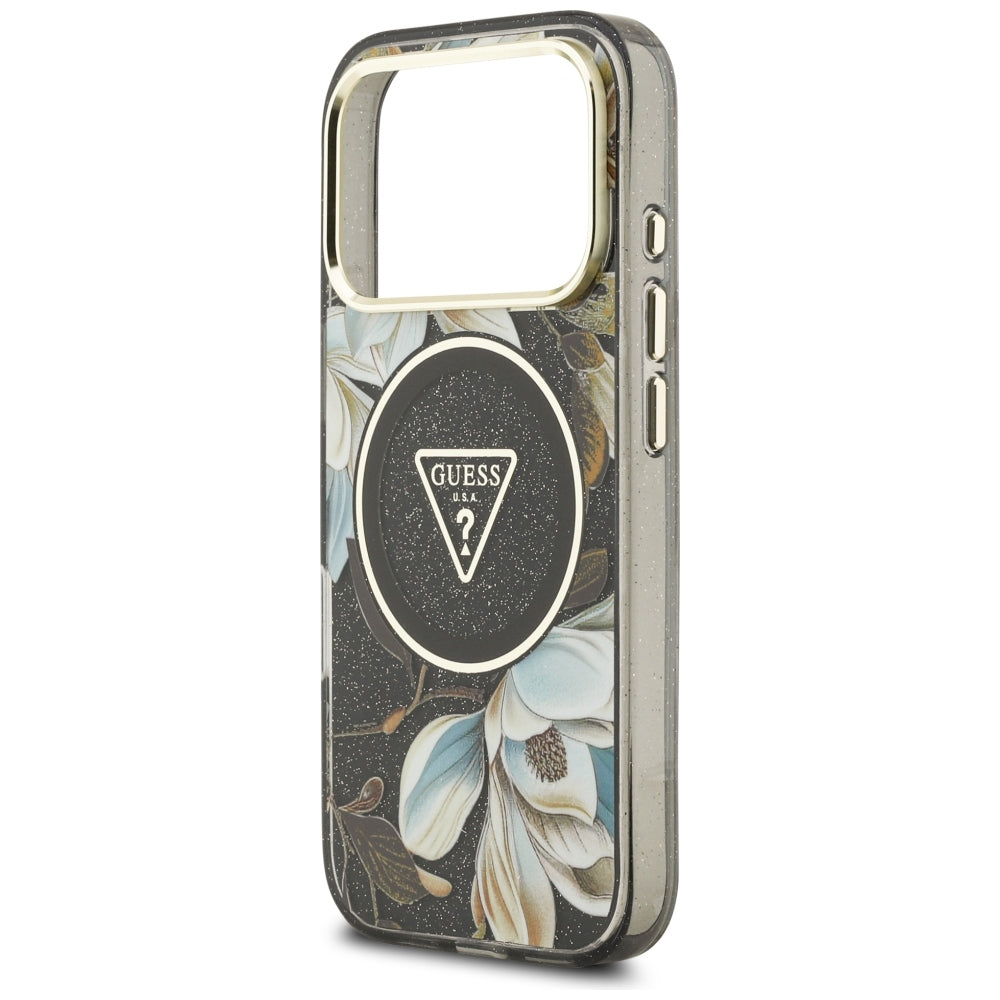 Handyhülle Guess IML Glitter Flowers Triangle für iPhone 18 Pro / 17 Pro mit MagSafe, Schwarz
