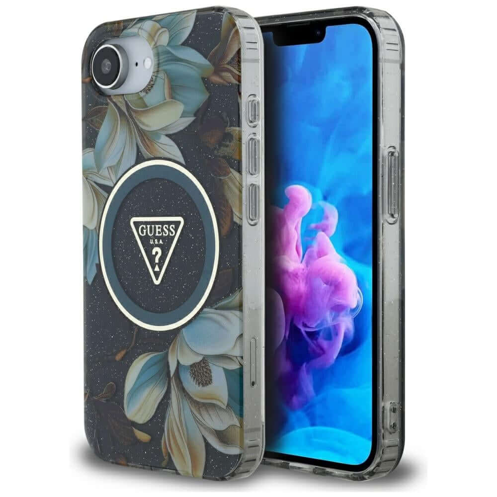 Handyhülle für iPhone 17e / 16e, Guess Glitter Flowers Triangle Buttons mit MagSafe, Schwarz mit floralem Muster