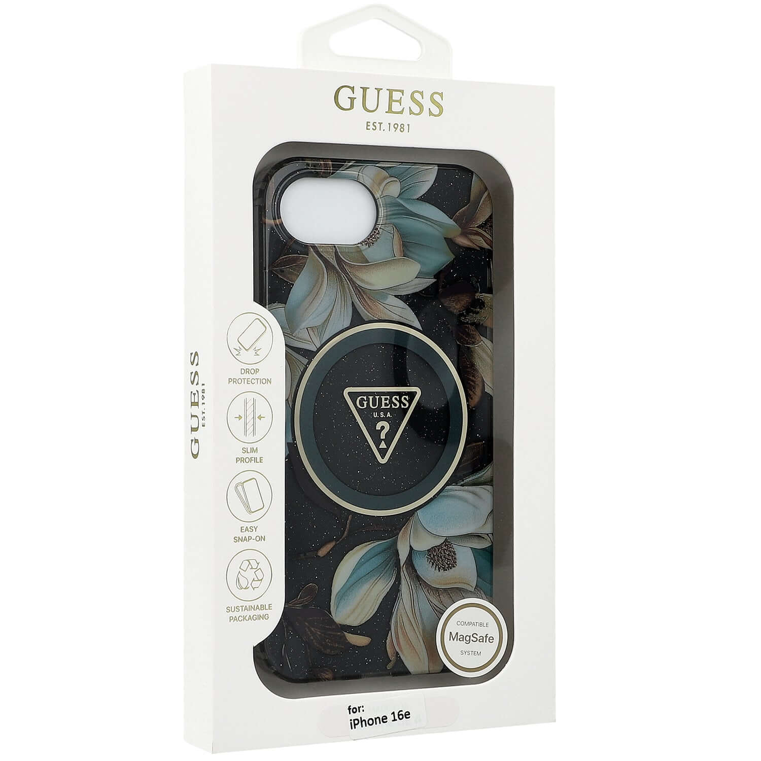 Handyhülle für iPhone 17e / 16e, Guess Glitter Flowers Triangle Buttons mit MagSafe, Schwarz mit floralem Muster