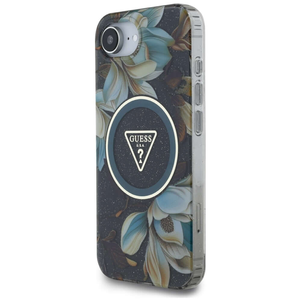 Handyhülle für iPhone 17e / 16e, Guess Glitter Flowers Triangle Buttons mit MagSafe, Schwarz mit floralem Muster