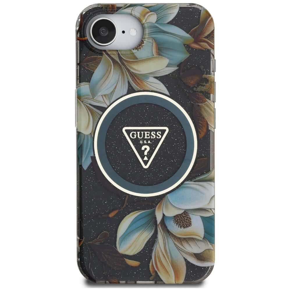 Handyhülle für iPhone 17e / 16e, Guess Glitter Flowers Triangle Buttons mit MagSafe, Schwarz mit floralem Muster