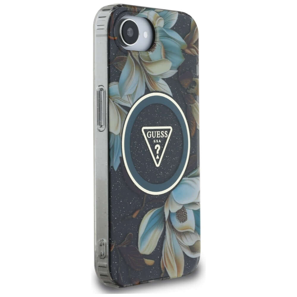 Handyhülle für iPhone 17e / 16e, Guess Glitter Flowers Triangle Buttons mit MagSafe, Schwarz mit floralem Muster