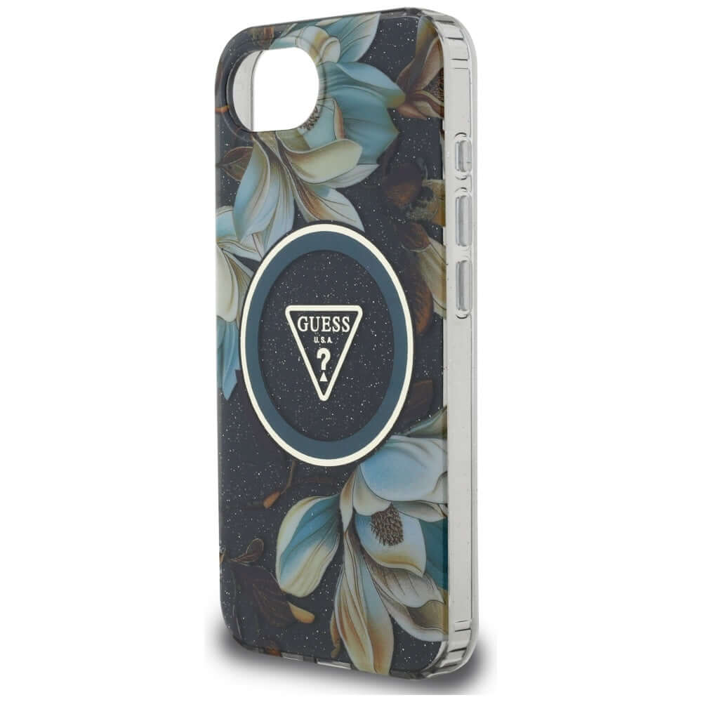 Handyhülle für iPhone 17e / 16e, Guess Glitter Flowers Triangle Buttons mit MagSafe, Schwarz mit floralem Muster