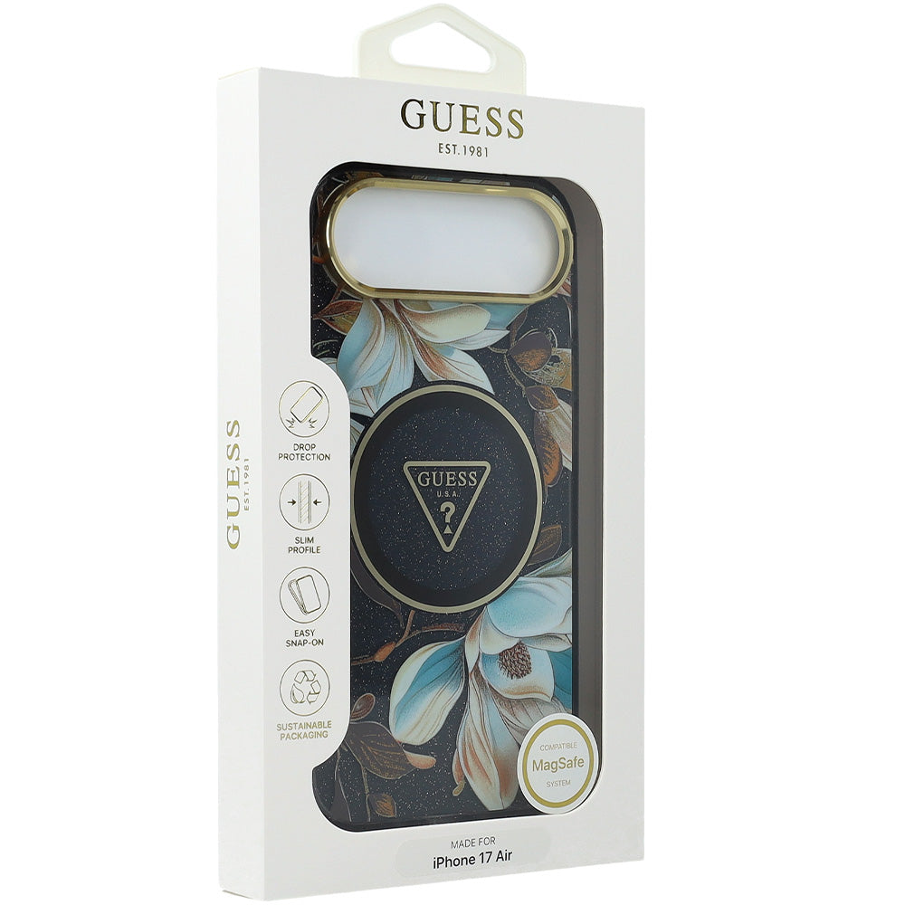 Handyhülle für iPhone Air, Guess IML Metal Glitter Flowers Triangle mit MagSafe, Schwarz mit floralem Muster