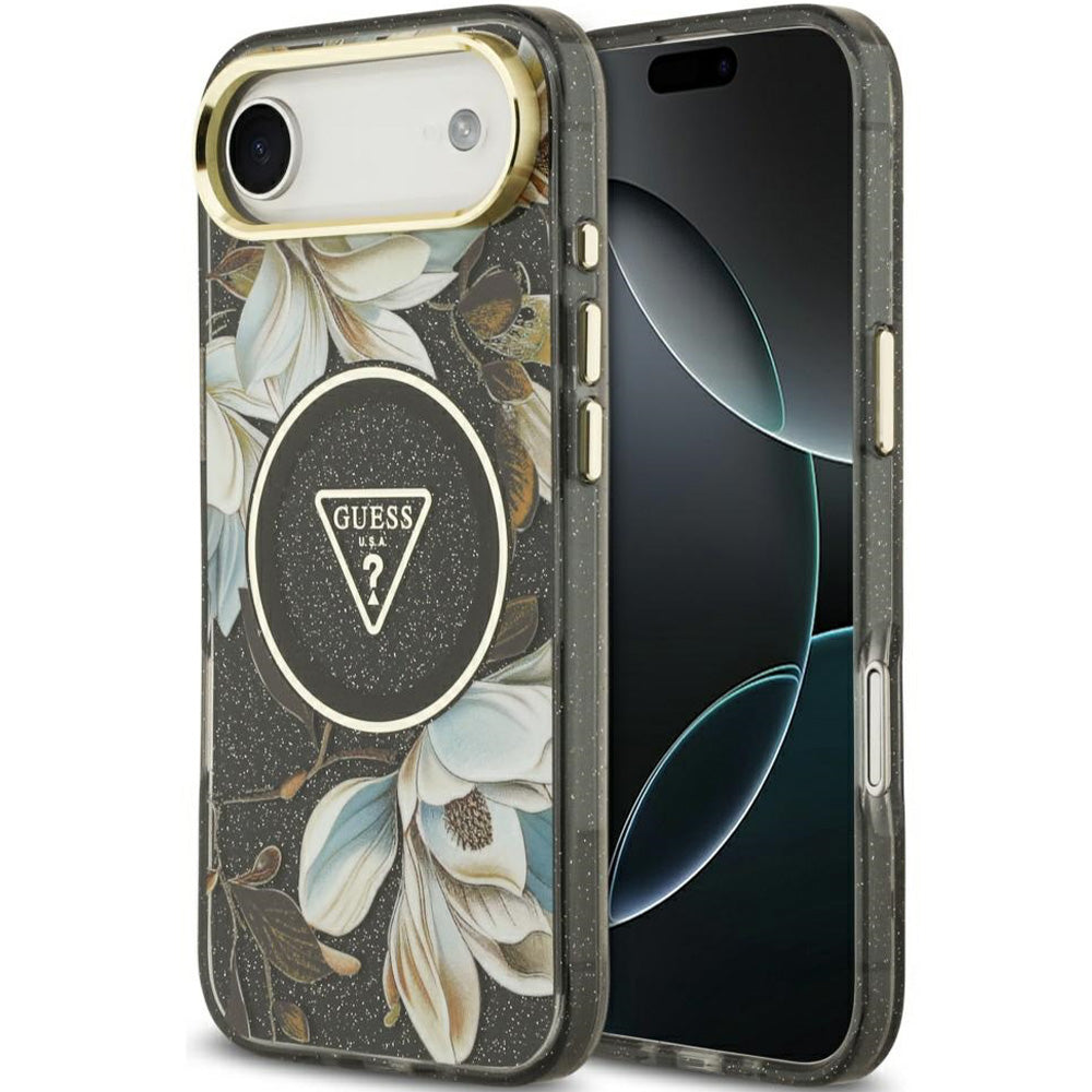 Handyhülle für iPhone Air, Guess IML Metal Glitter Flowers Triangle mit MagSafe, Schwarz mit floralem Muster