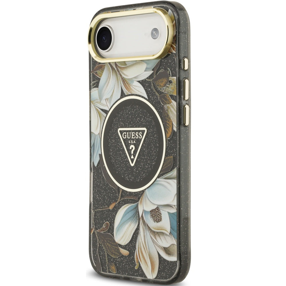 Handyhülle für iPhone Air, Guess IML Metal Glitter Flowers Triangle mit MagSafe, Schwarz mit floralem Muster